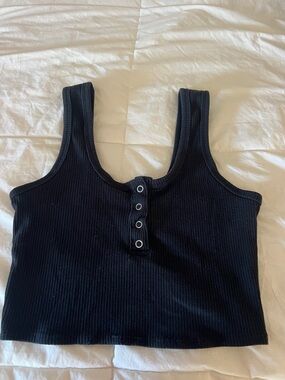 Black Ribbed Snap-Front Crop Top - Women
